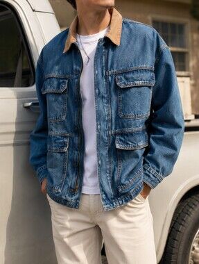 NWT Levi's Blue Denim Field Jacket Brown Collar Utility Trucker Coat Cotton